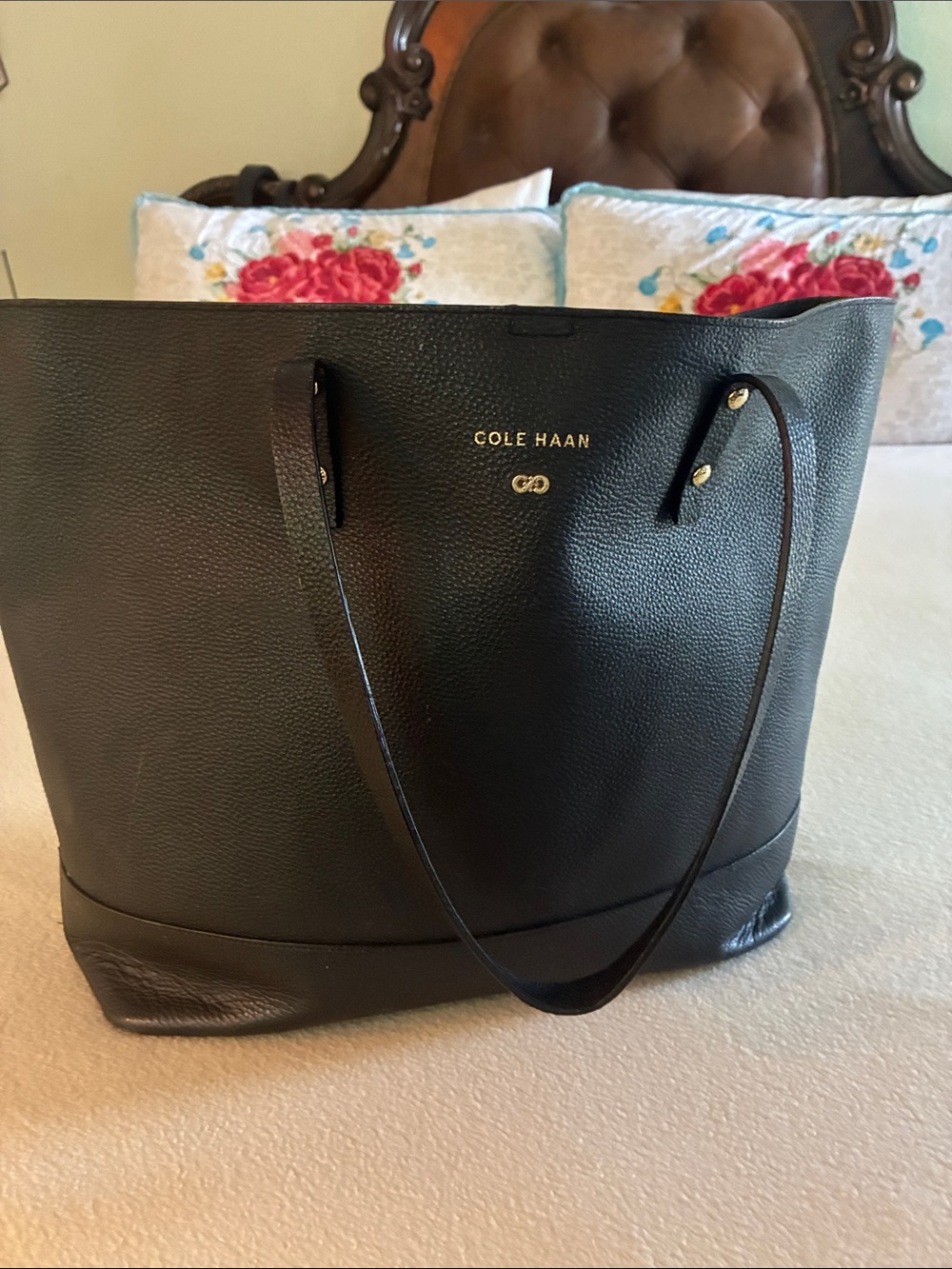 Cole Haan Black Pebbled Leather Shoulder Tote with Gold Logo